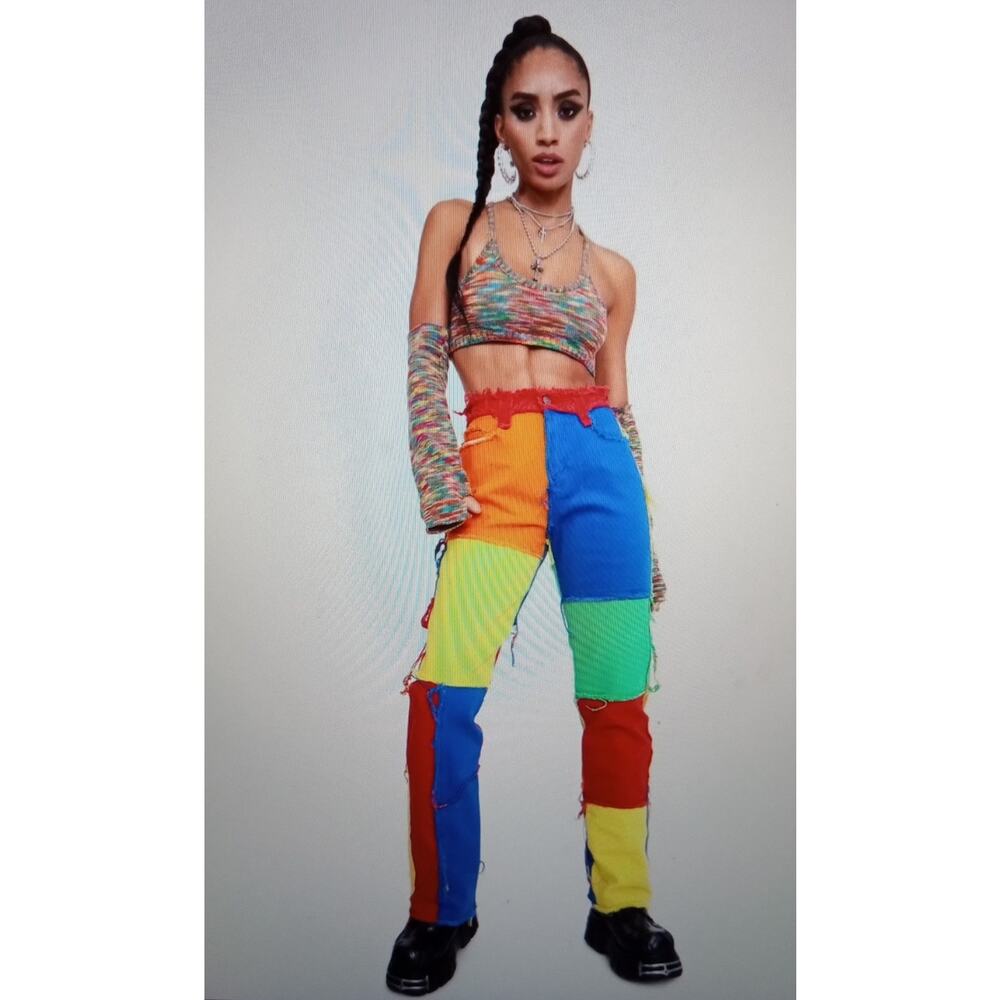 Primary Colors Color Block Patchwork Denim Boyfriend Fit Funky Jeans SZ 32 - Picture 9 of 10